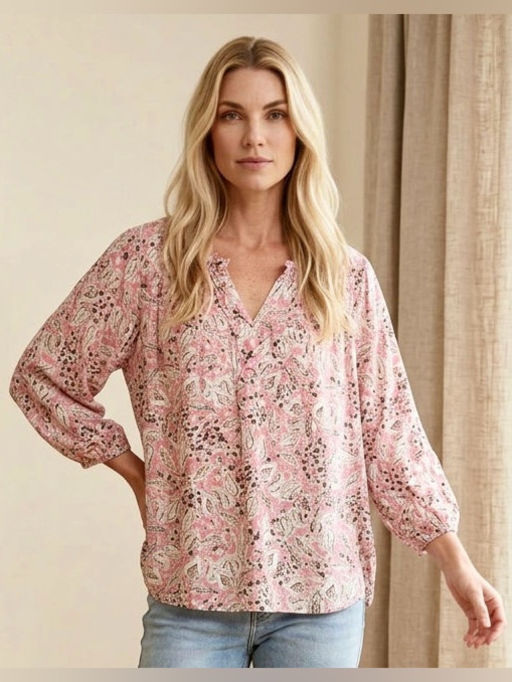2 for $20 Tops Ladies Grand & Greene Peasant Top Pink Brown Paisley Size L EUC
